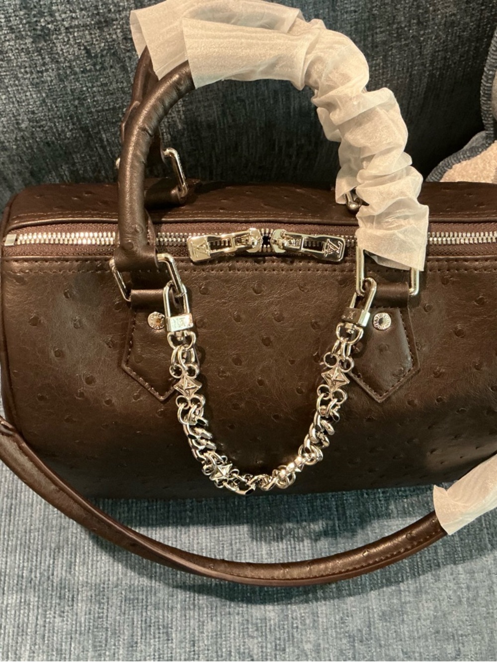 Brown Faux-Ostrich Satchel Handbag with Chain Accent - Picture 3 of 3